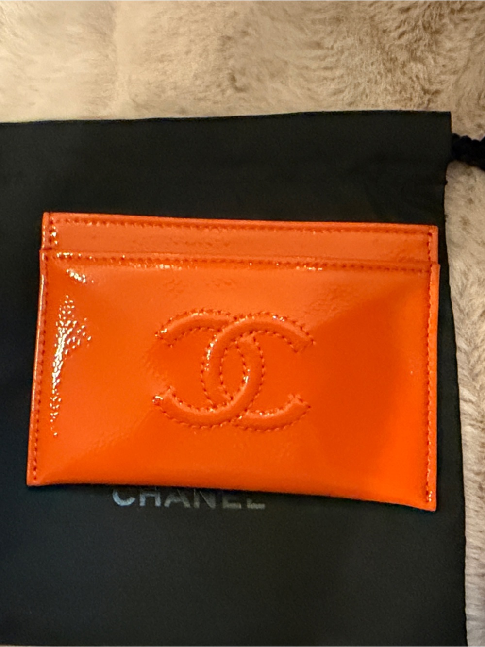 Pristine CHANEL Orange Patent Leather Card Case with Embossed CC and COA